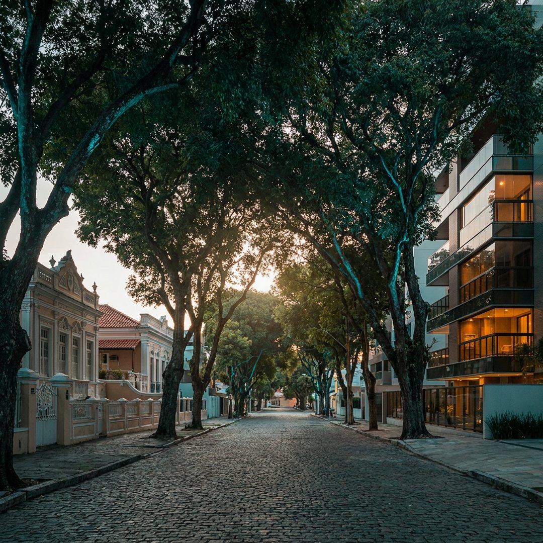 Rua arborizada e edifícios de alto padrão em Petrópolis Natal
