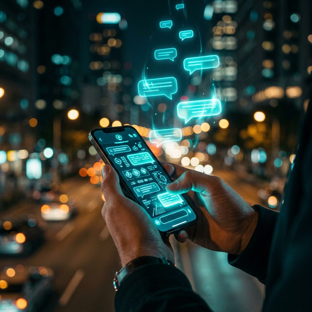 Assistente de IA respondendo lead instantaneamente no WhatsApp em escritório vazio durante a madrugada
